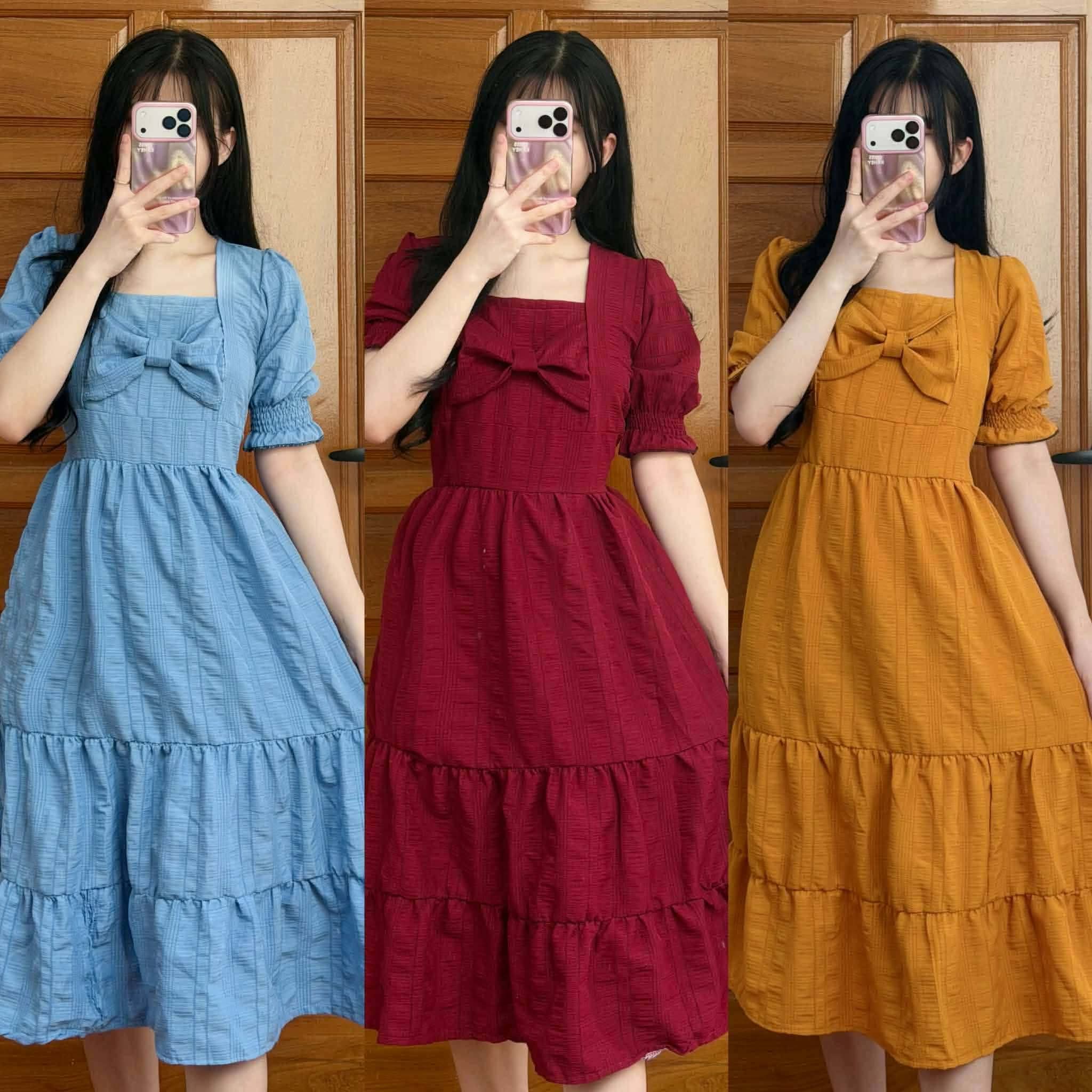Elegant Ribbon Puff Sleeve Midi Dress
